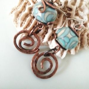 Handmade Lampwork Glass Beads n Recycled Copper Earrings Turquoise Spirals